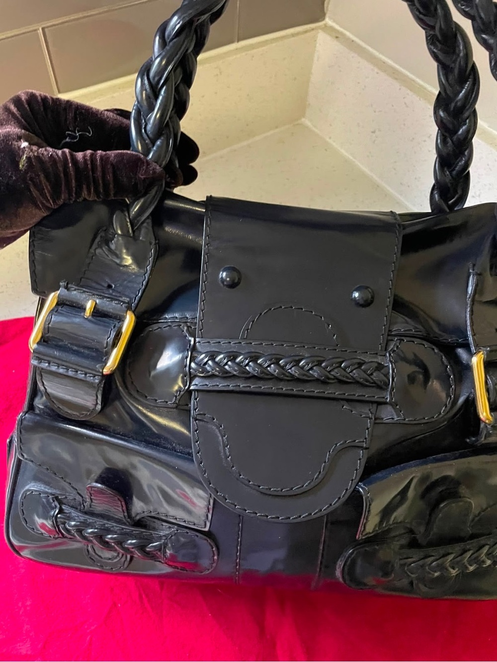 Valentino Garavani Black Patent Braided-Handle Shoulder Bag - Picture 13 of 13